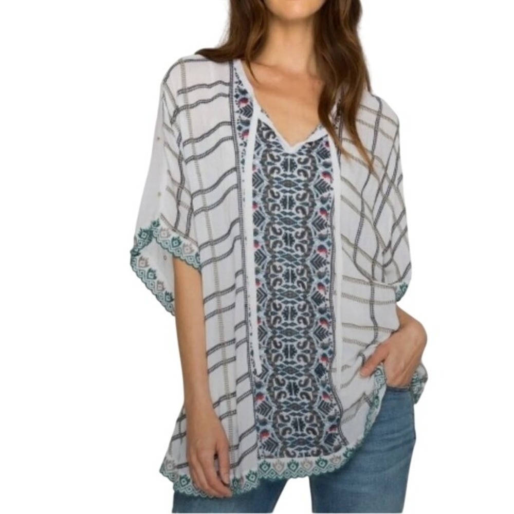 Johnny Was Kaftan Womens M White Embroidered Boho Poncho Top Festival Blouse